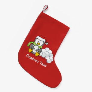 Christmas penguin sitting with snow balls small christmas stocking