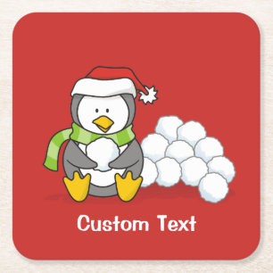 Christmas penguin sitting with snow balls square paper coaster