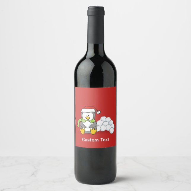 Christmas penguin sitting with snow balls wine label (Front)