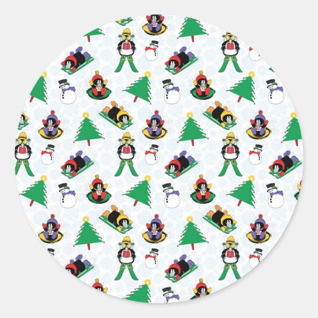 Christmas penguin skiing classic round sticker (Front)