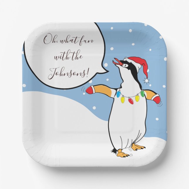 Christmas Penguin Skiing Paper Plate (Front)