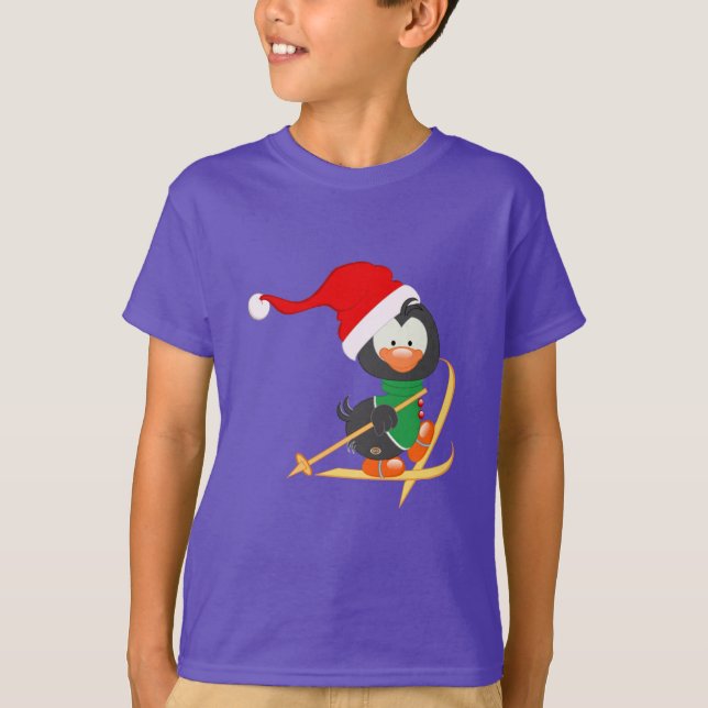 Christmas Penguin Skiing T-Shirt (Front)