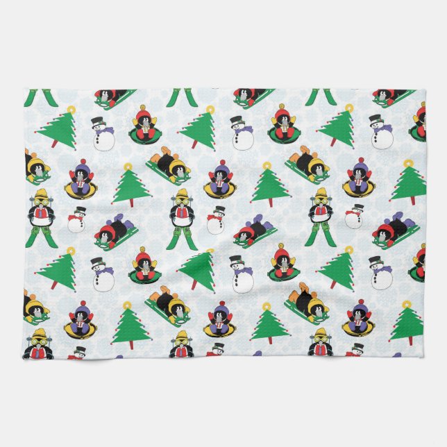 Christmas penguin skiing tea towel (Horizontal)