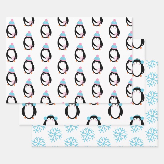 Christmas Penguin Snowflakes Whimsical Wrapping Paper Sheet (Set)