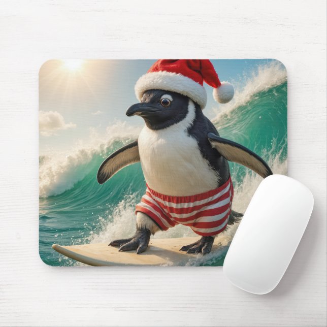 Christmas Penguin Surfing On an Ocean Wave Mouse Pad (With Mouse)