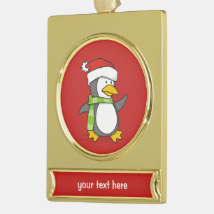 Christmas penguin walking on snow gold plated banner ornament