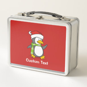 Christmas penguin walking on snow metal lunch box