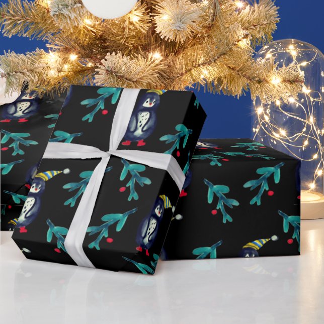 Christmas Penguin Watercolor Art  Wrapping Paper (Holidays)