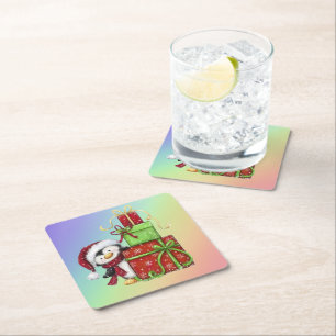 Christmas Penguin with Gifts - Festive Fun Decor Square Paper Coaster