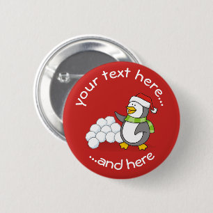 Christmas penguin with snow balls waving 6 cm round badge