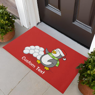 Christmas penguin with snow balls waving doormat