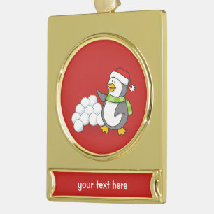 Christmas penguin with snow balls waving gold plated banner ornament