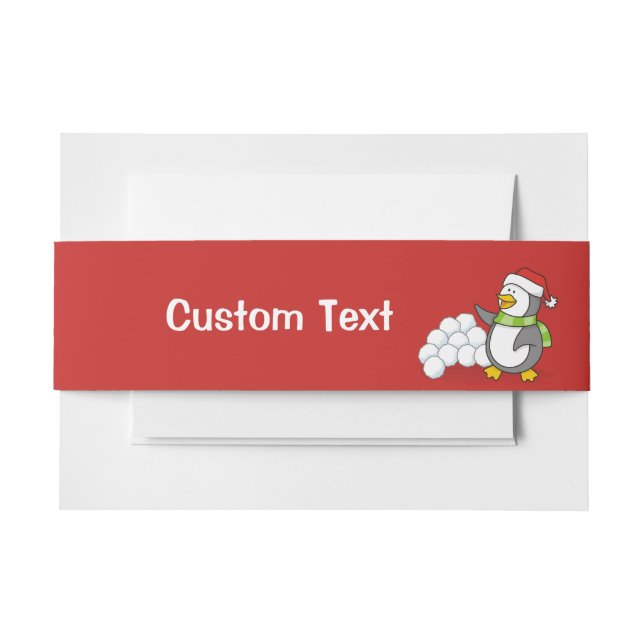 Christmas penguin with snow balls waving invitation belly band (Front Example)