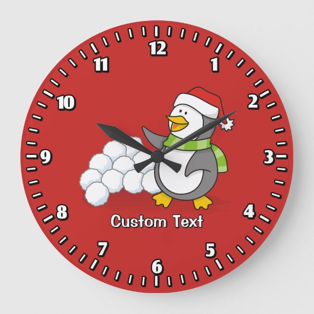 Christmas penguin with snow balls waving large clock (Front)