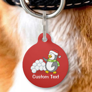 Christmas penguin with snow balls waving pet tag