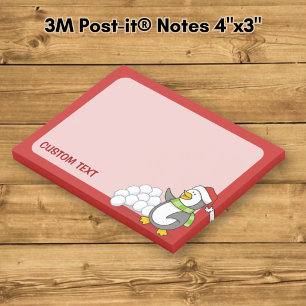 Christmas penguin with snow balls waving post-it notes