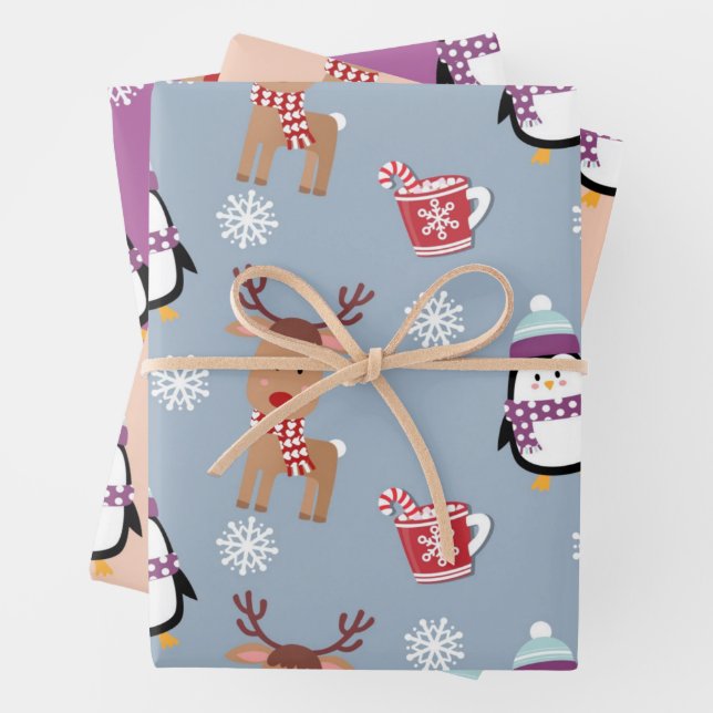 Christmas Penguins and Reindeers Wrapping Paper Sheet (In situ)