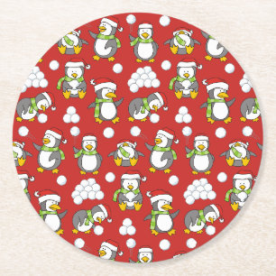 Christmas penguins background round paper coaster