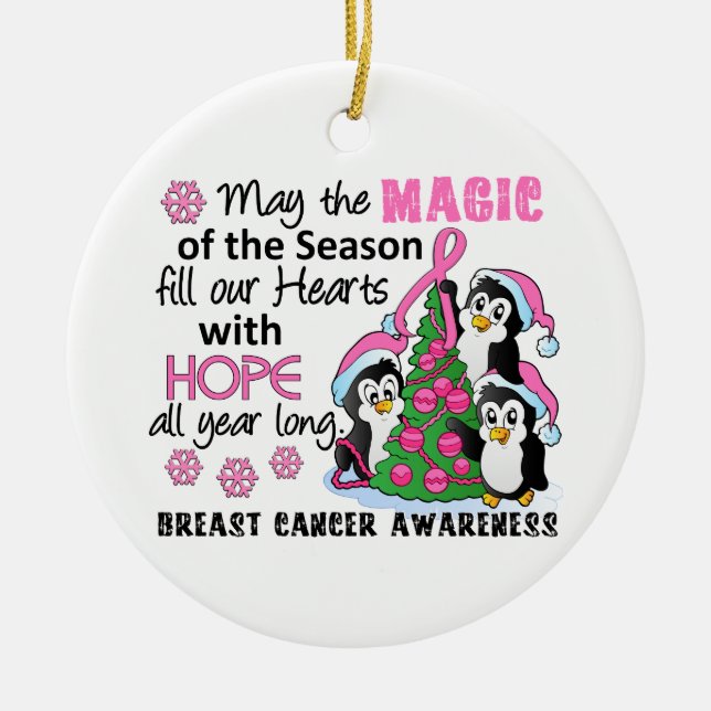 Christmas Penguins Breast Cancer Ceramic Tree Decoration (Front)