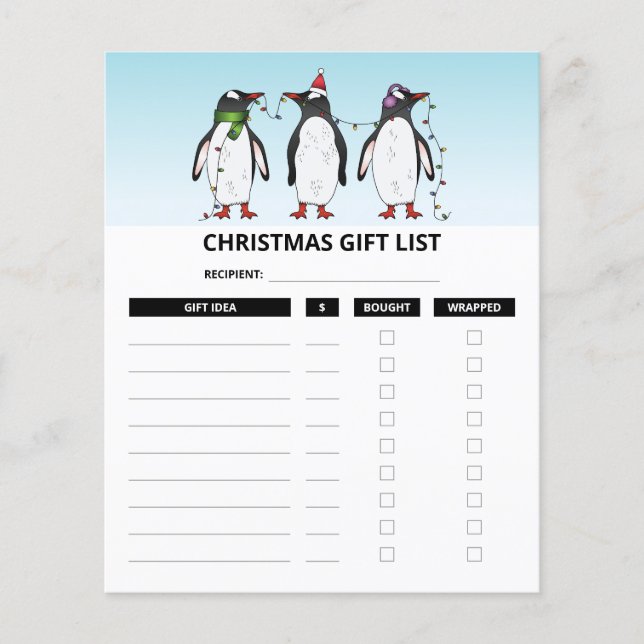 Christmas Penguins - Christmas Gift List Plans (Front)