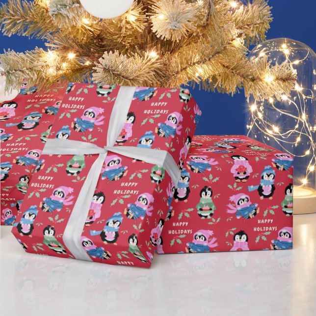 Christmas Penguins Crew Red Holiday Wrapping Paper (Holidays)