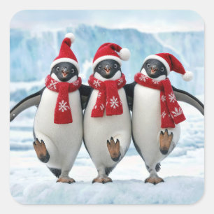 Christmas Penguins Dancing on Arctic Glacier Square Sticker