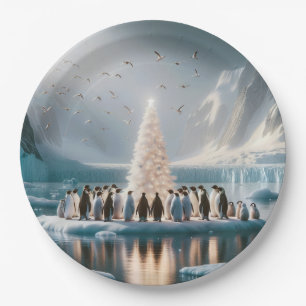 Christmas Penguins Gathering Around a Tree Paper Plate