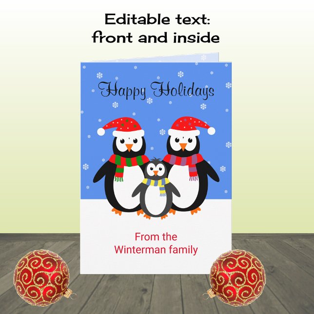 Christmas penguins happy holidays editable text holiday card (Creator Uploaded)