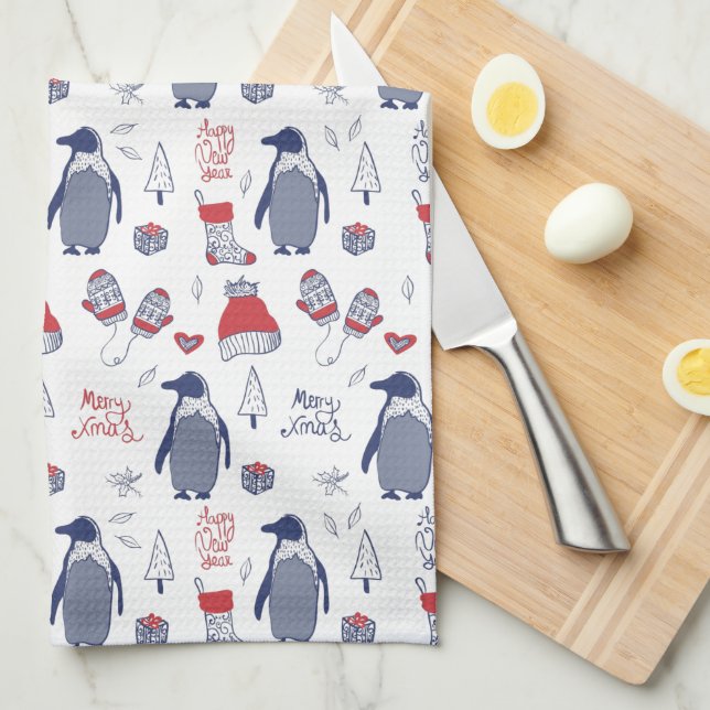 Christmas Penguins Hats Gloves Pattern Tea Towel (Quarter Fold)