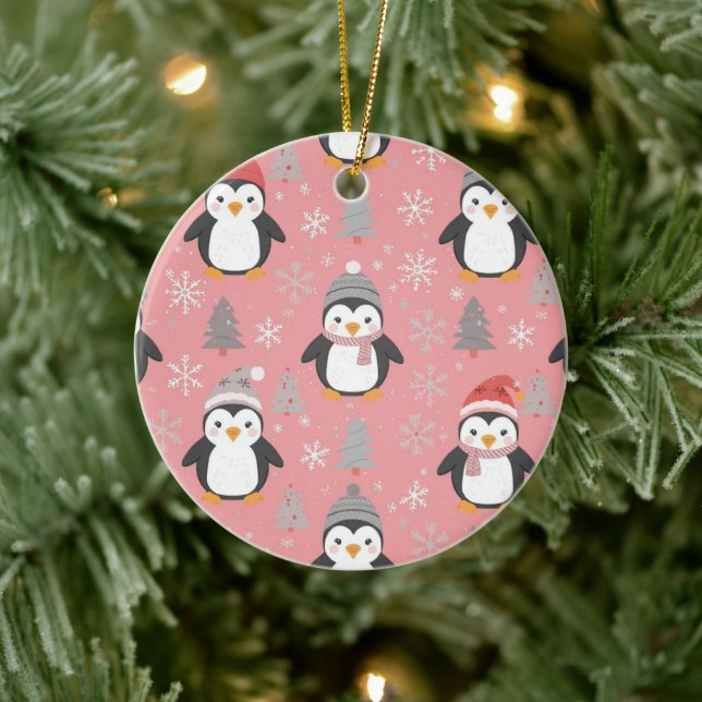 Christmas Penguins Pattern Pink Grey Ceramic Tree Decoration (Tree)