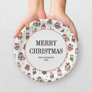 Christmas Penguins Red Green Paper Plate