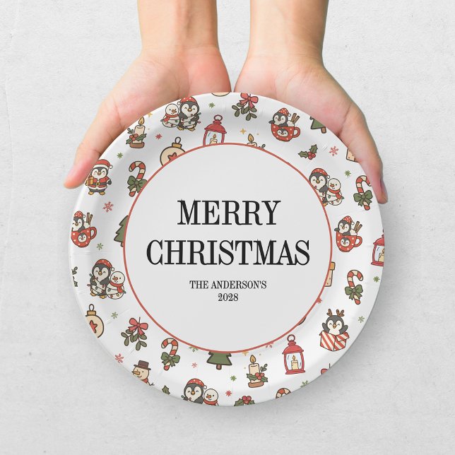 Christmas Penguins Red Green Paper Plate (Creator Uploaded)