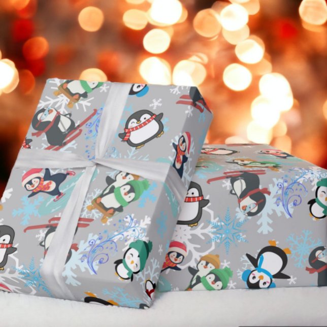 Christmas penguins winter sports Cute Funny Wrapping Paper (Creator Uploaded)