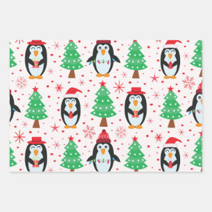 Christmas Penguins with Pine Trees Pattern Wrapping Paper Sheet