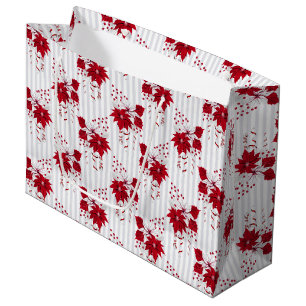 Christmas Peppermint Candy Cane Poinsettia Holly Large Gift Bag