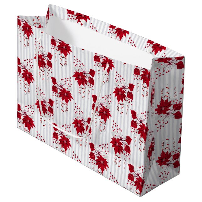 Christmas Peppermint | Candy Cane Poinsettia Holly Large Gift Bag (Front Angled)