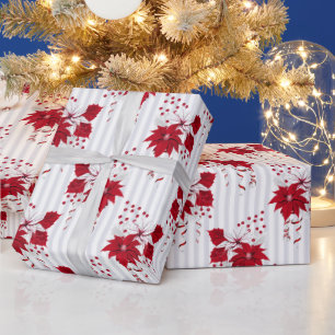 Christmas Peppermint   Candy Cane Poinsettia Holly Wrapping Paper