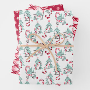 Christmas Peppermint Candy Cats Set of Three Wrapping Paper Sheet