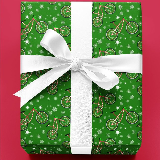 Christmas Peppermint Cycling Bike Snowflakes Green Wrapping Paper (Creator Uploaded)