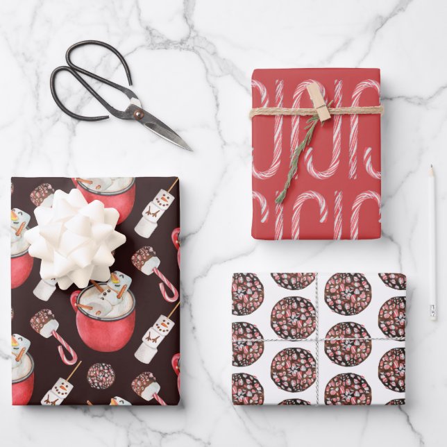 Christmas Peppermint Hot Cocoa Snowman  Wrapping Paper Sheet (Front)