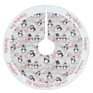 Christmas Peppermint Penguins Personalised Names Brushed Polyester Tree Skirt