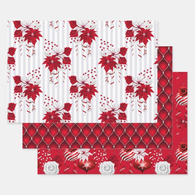 Christmas Peppermint | Poinsettia Candy Cane Wrapping Paper Sheet (Set)