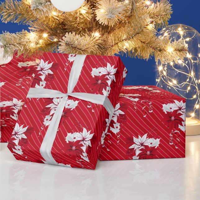 Christmas Peppermint | Poinsettia Stripe Pattern Wrapping Paper (Holidays)