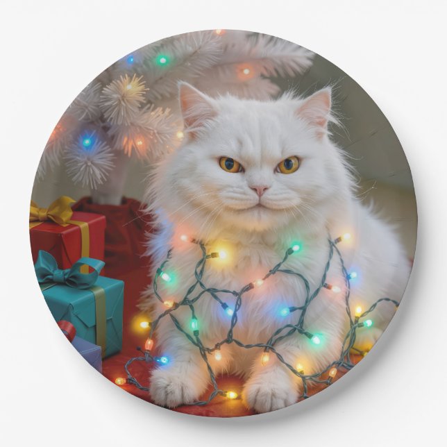 Christmas Persian Cat Tangled in Holiday Lights Paper Plate (Front)