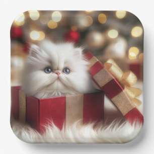 Christmas Persian Kitten In a Gift Box Paper Plate