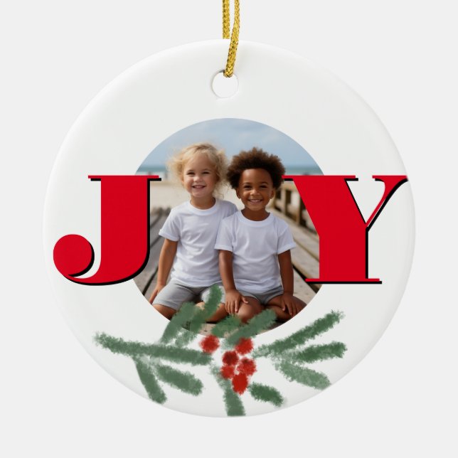 Christmas personalise JOY Holly photo template Ceramic Tree Decoration (Front)