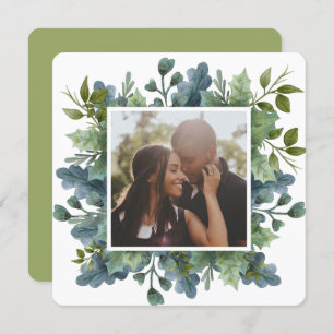 Christmas Personalised Blue Green Leaves Photo Holiday Card