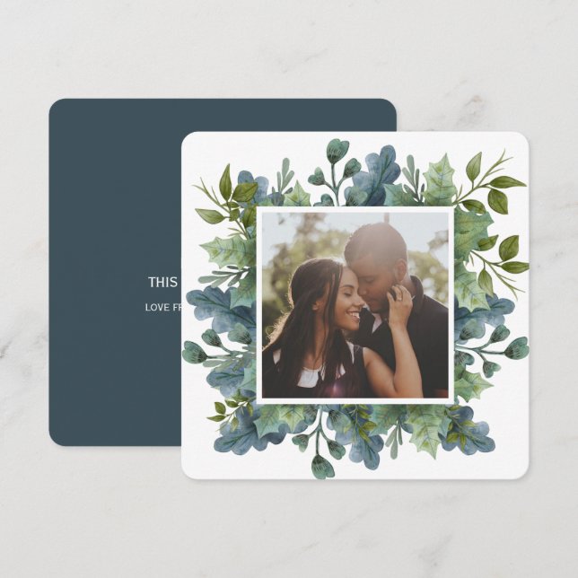 Christmas Personalised Blue Green Leaves Photo Holiday Card (Front/Back)