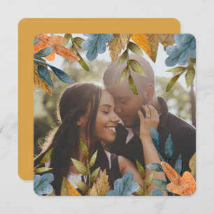 Christmas Personalised Blue Orange Leaves Photo Holiday Card
