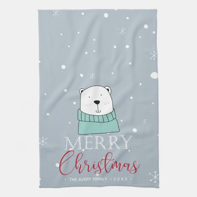 Christmas Personalised Cute Bear Tea Towel (Vertical)